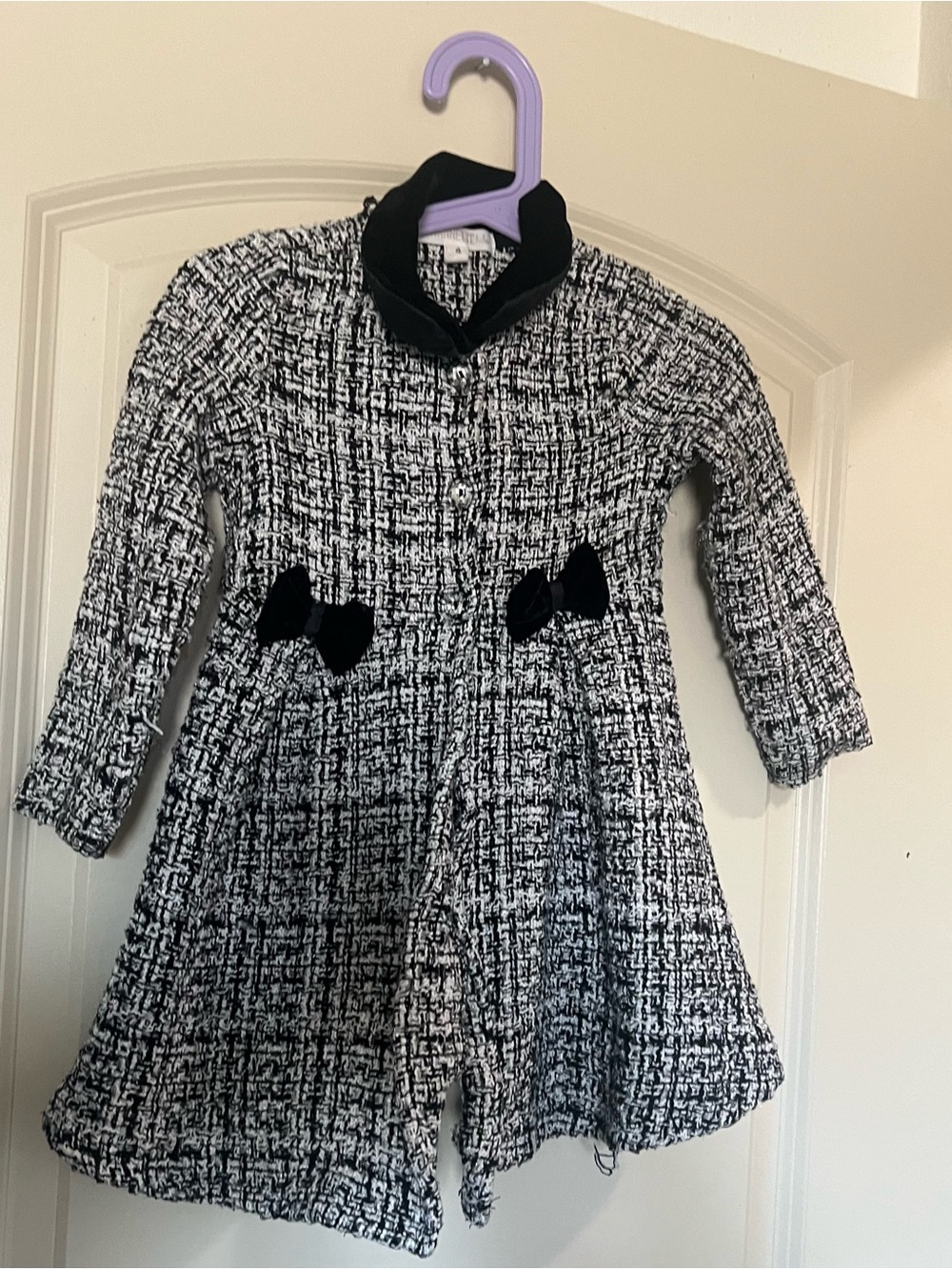 Nannette Black and White Tweed Coat with Velvet Collar